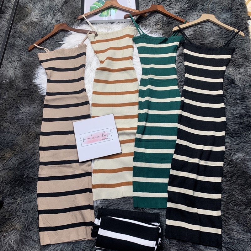 Váy len 2 dây body kẻ ngang dáng dài qua gối hàng Quảng Châu