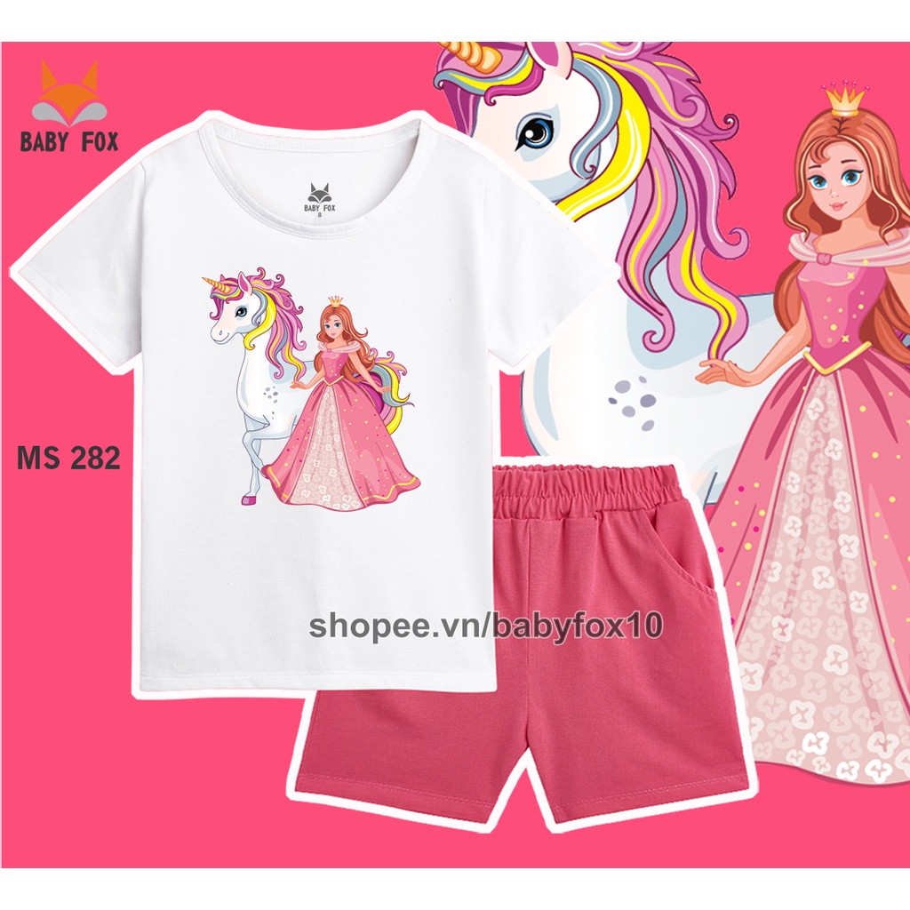 Bộ thun bé gái 100% cotton loại tốt, thương hiệu BABY FOX, in hình công chúa, size nhỏ, trung, đại e