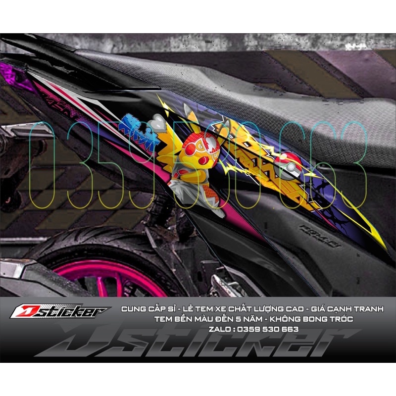 Tem rời Vario Click xe đen - mẫu Pokemon hồng phối tím