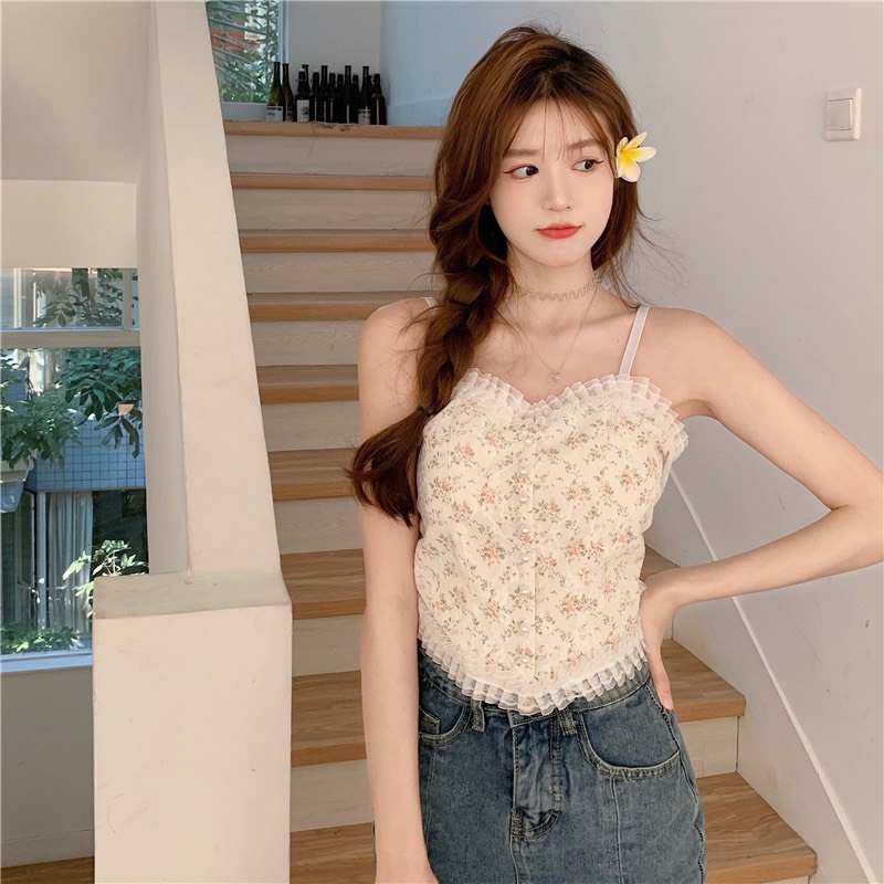 Áo 2 dây nữ phối ren kèm bra dáng ngắn crt 2 màu cá tính/ Áo croptop bánh bèo họa tiết hoa nhí vintage_xuongmaythuhien