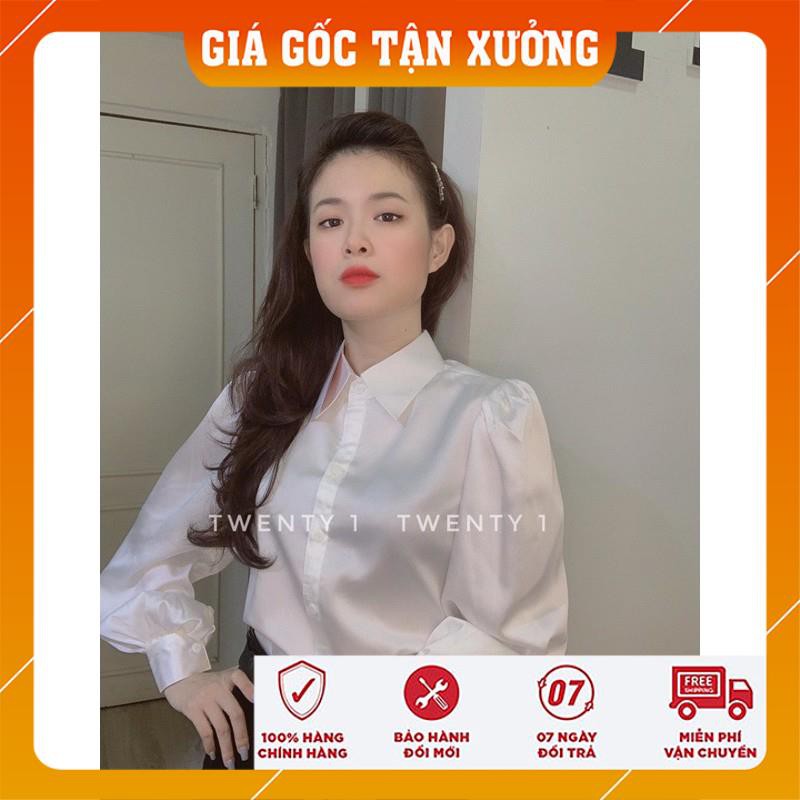Áo Sơ Mi Trắng Nữ Lụa Bóng - FREESHIP - Áo Sơmi Công Sở Cổ Bẻ Tay Bồng Dài Tay