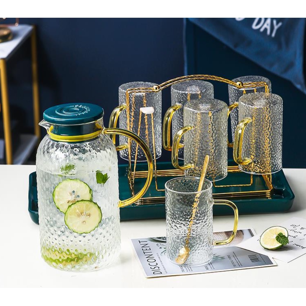 Bộ Cốc Thủy Tinh Cao Cấp. Cốc thủy tinh viền vàng vân họa tiết mặt trời.