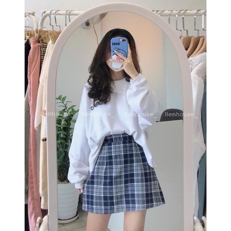 Set Áo Dài Tay Trắng Mix Chân a Váy Kẻ 💖FREESHIP💖Set In Chữ CAUTIO Mix Chân Váy Kẻ Caro Xanh | BigBuy360 - bigbuy360.vn