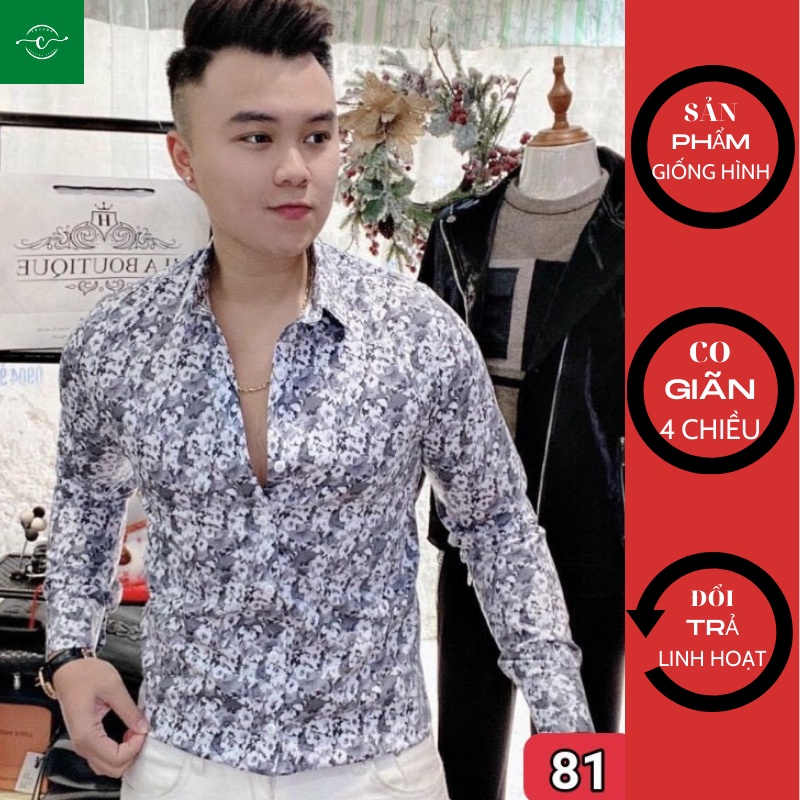 Áo sơ mi nam dài tay cổ bẻ, áo sơ mi họa tiết chất vải lụa, không nhăn không xù 81