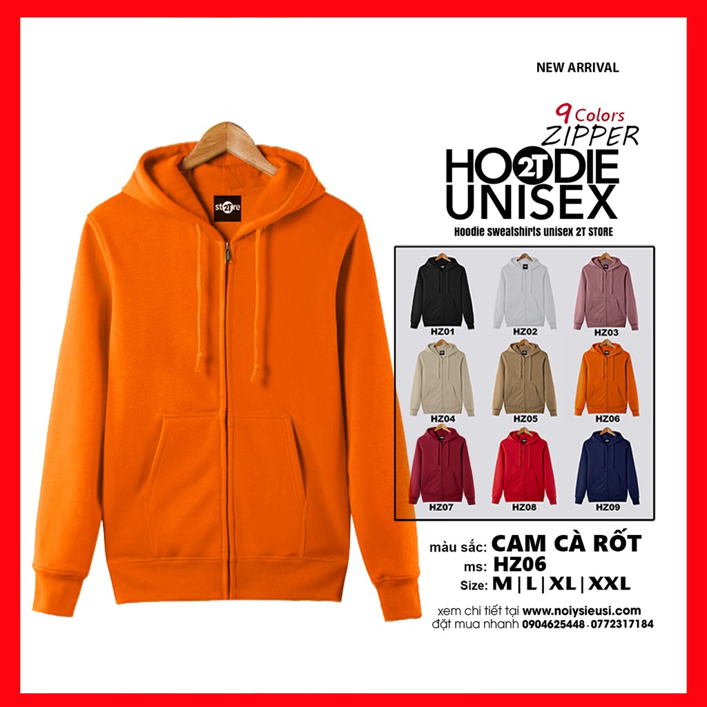 Áo hoodie zipper unisex 2T Store HZ06 màu cam cà rốt - Áo khoác nỉ dây kéo nón 2 lớp dày dặn chất lượng đẹp