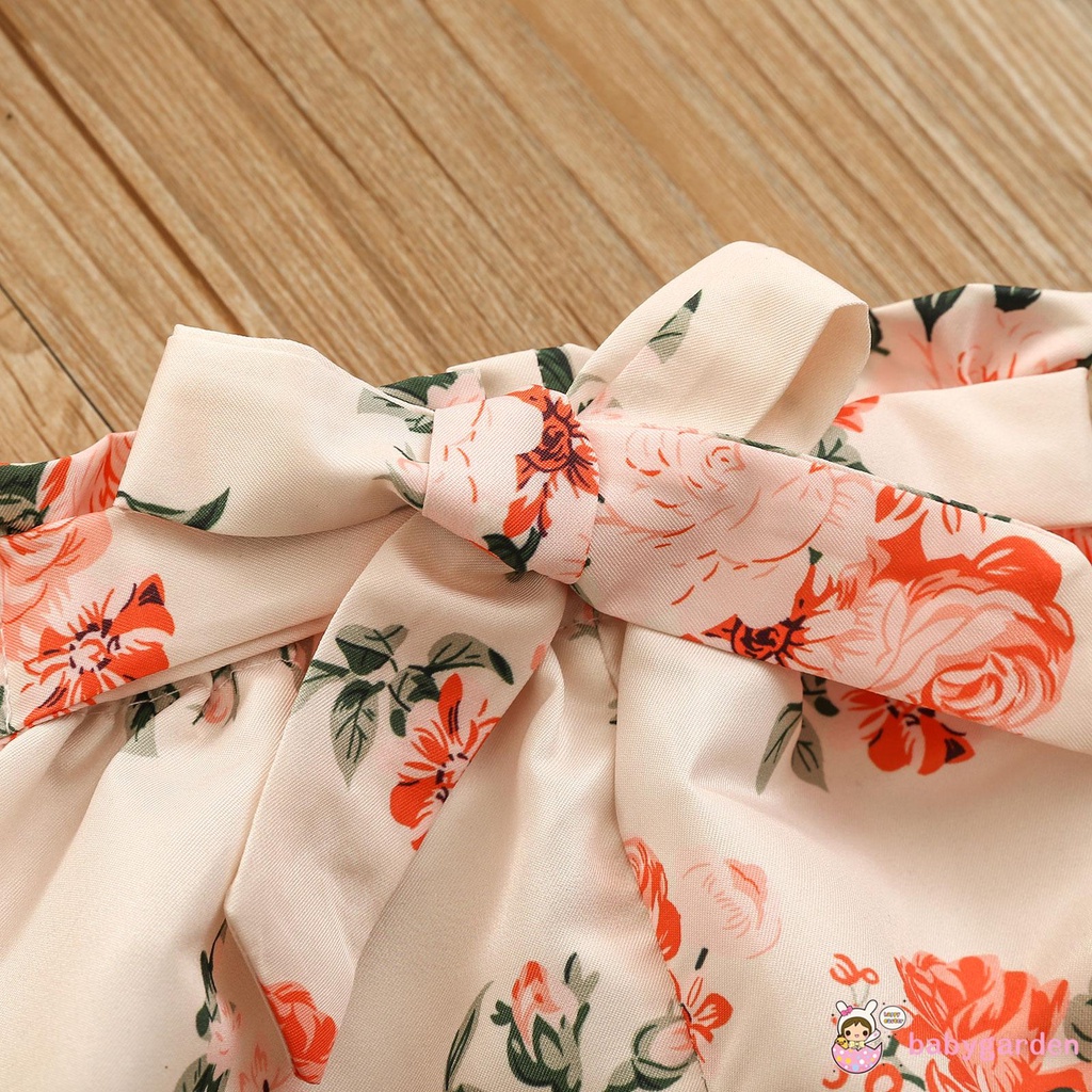 Áo liền quần tay ngắn diềm xếp nếp + quần short in hoa + băng đô phong cách mùa hè đáng yêu dành cho bé gái