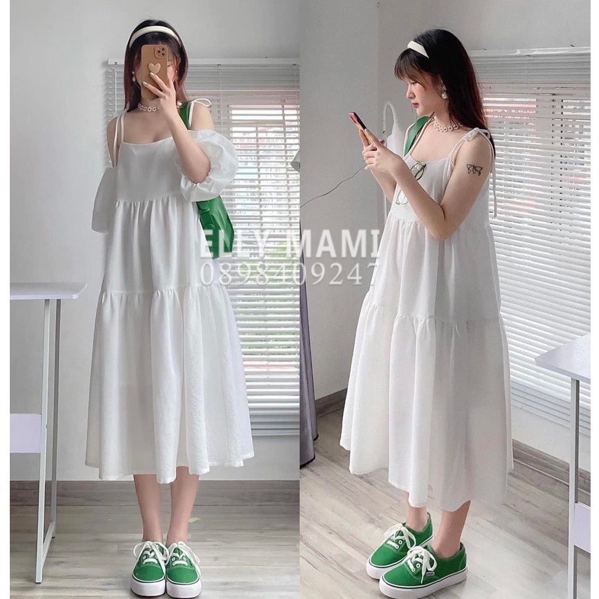 ( 40kg - 95kg ) Đầm Bầu ,Suông Babydoll 2 Dây Cột Nơ Tay Phồng Mặc Thoải Mái Suốt Thai Kì & Sau Sinh Thiết Kế Cao Cấp