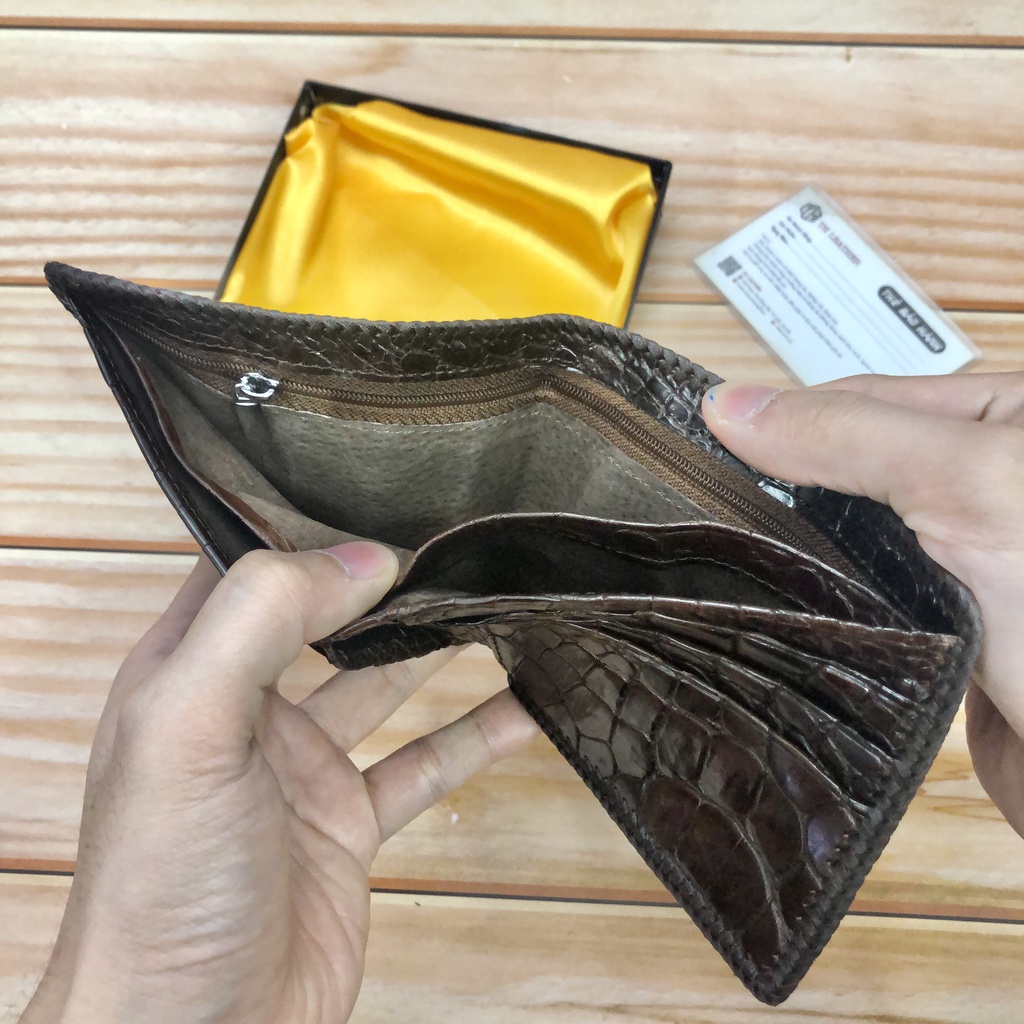 Ví Da Cá Sấu Khâu Viền 2 Mặt, Bóp Nam Da Cá Sấu Đan Viền Thủ Công, Kiếu Dáng Ngang, Full Hộp - BH 24 Tháng