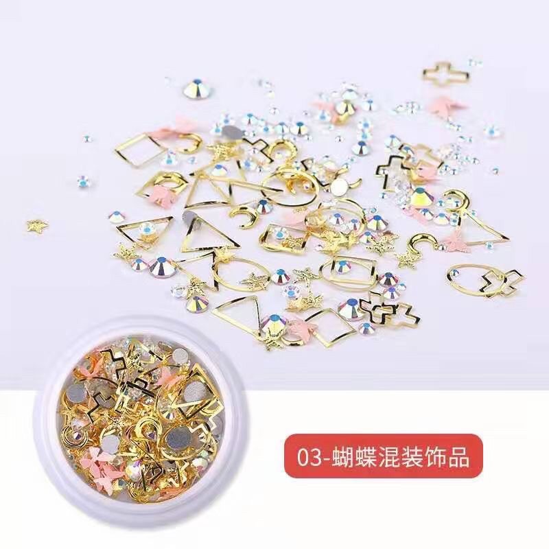 phụ kiện hũ gồm phụ kiện sắt bướm và đá skinnail đầy đủ màu sắc để lựa chọn thế kế mẫu móng nail hũ tròn tròn xinh xinh.