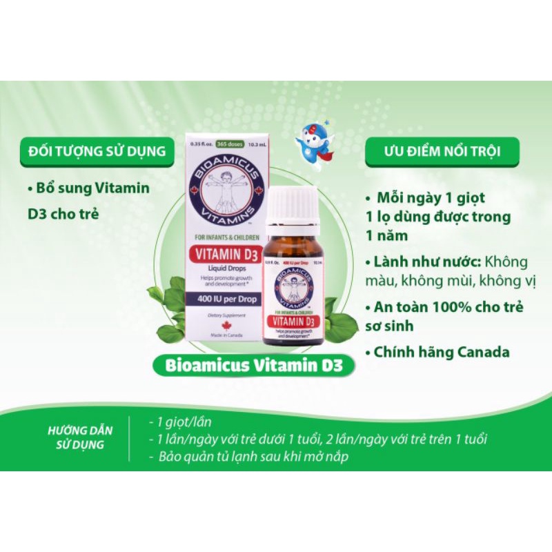 BIOAMICUS Vitamin D3 nhỏ giọt nhập khẩu Canada giúp bé hấp thụ canxi, ngủ ngon, chống mồ hôi trộm