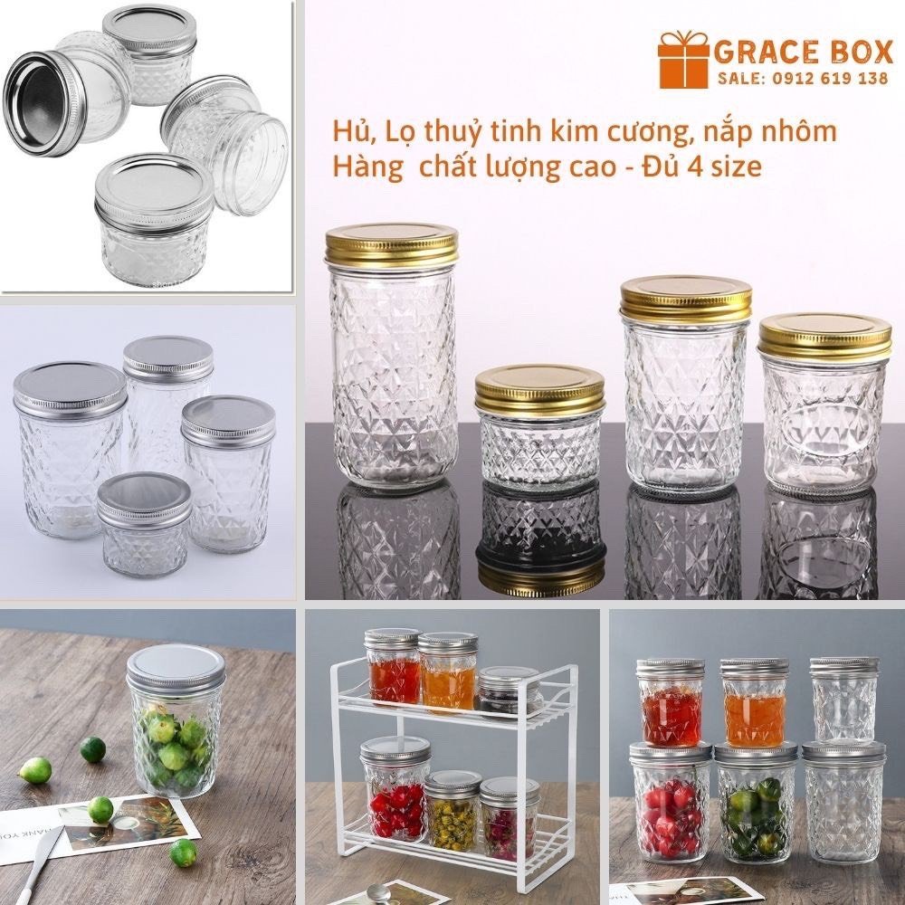 {Giá Sỉ} Hũ Thuỷ Tinh Kim Cương (Hủ Gia Vị) - Đủ 4 Size - Hàng Cao Cấp - Công Ty Bao Bì Grace Box