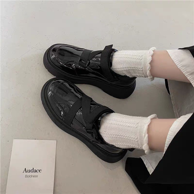 Giày Oxford nữ da bóng khóa dây đai Ulzzang cá tính