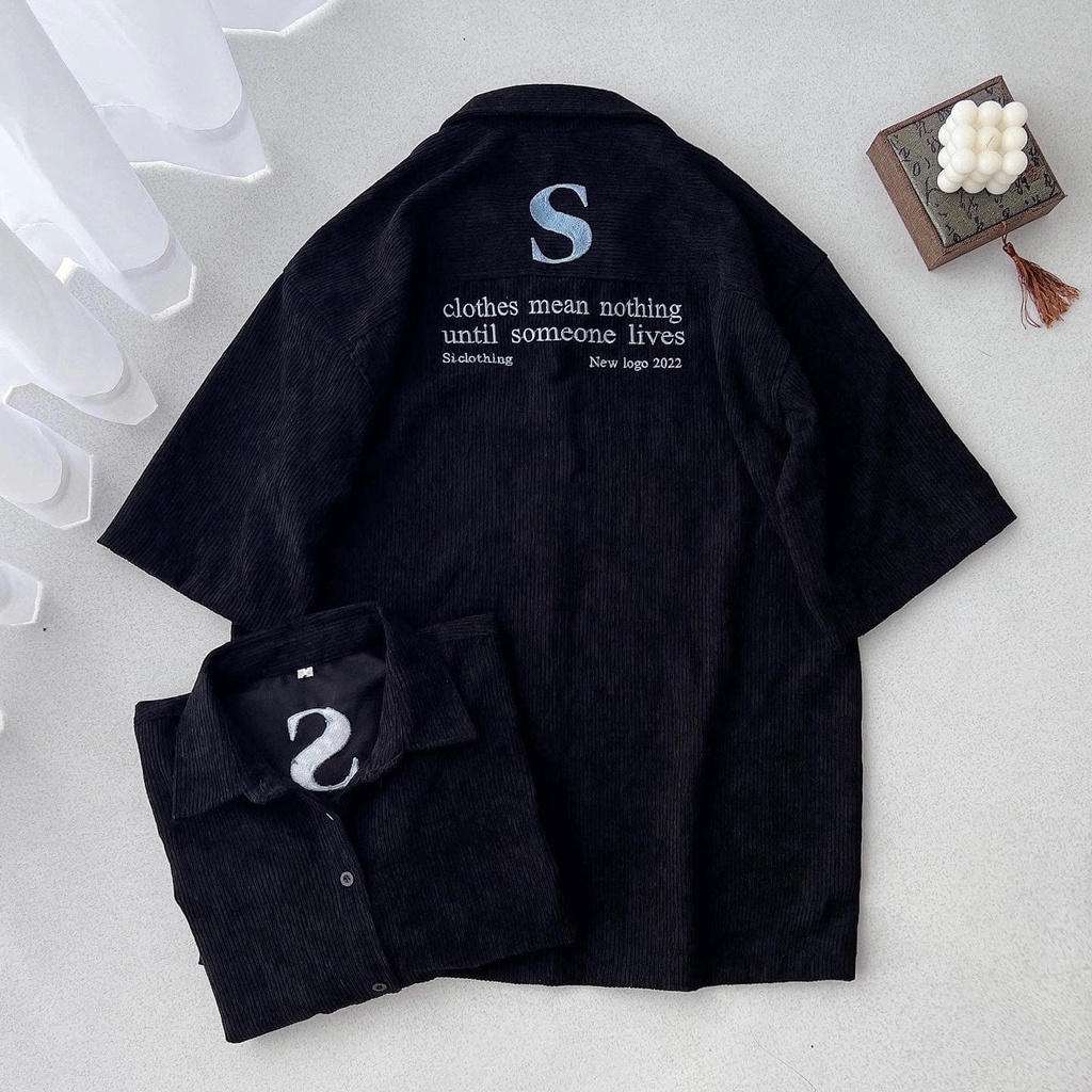 [sẵn]Áo sơ mi tay lỡ form rộng thêu chữ S (ảnh thật tại shop) Tanazi Closet