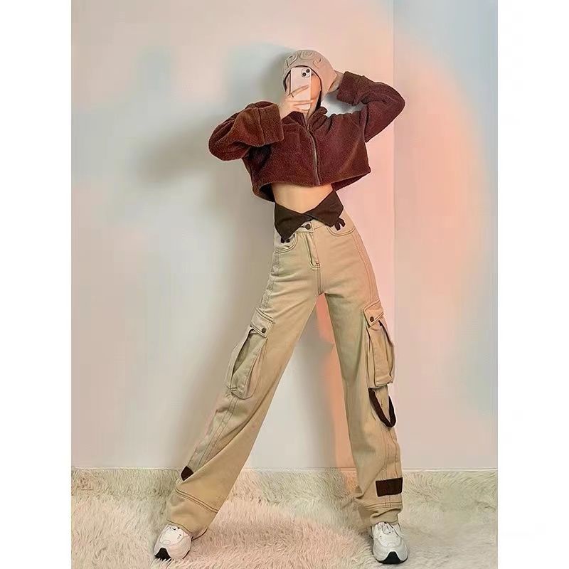 Quần jean ống rộng eo cao túi dài phong cách ins đường phố DLC2