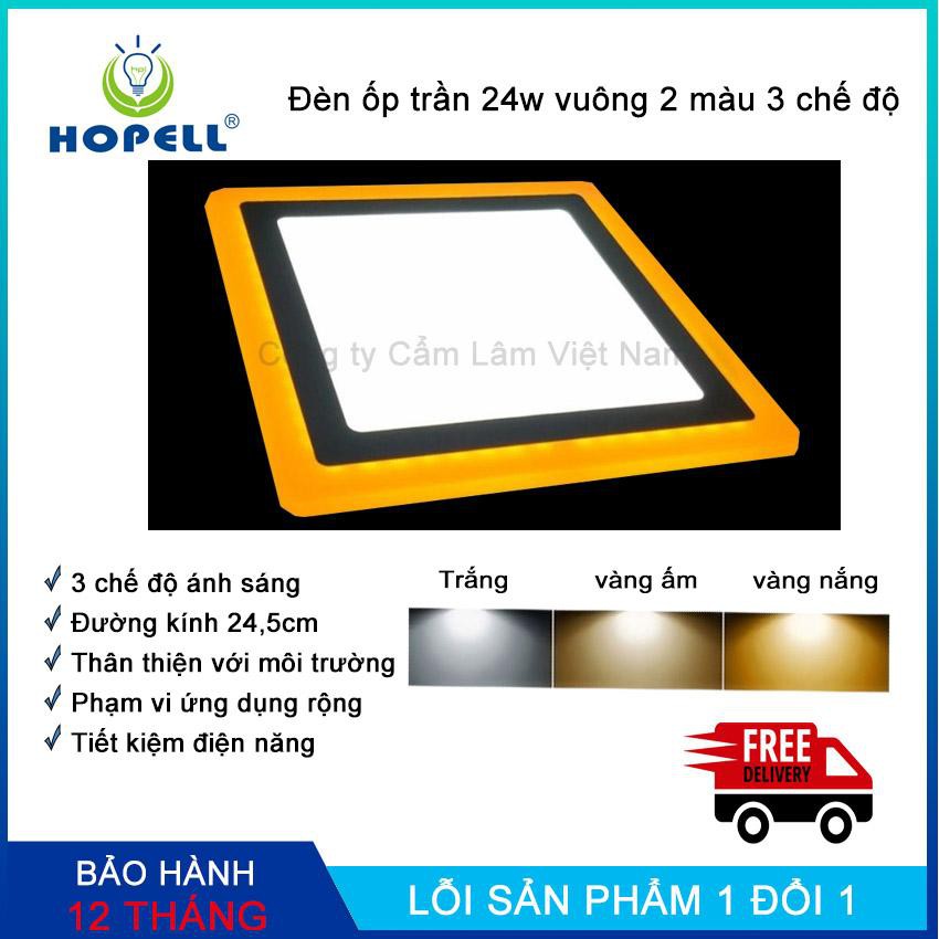 Đèn led nổi ốp trần 24w vuông 2 màu 3 chế độ ánh sáng trắng vàng