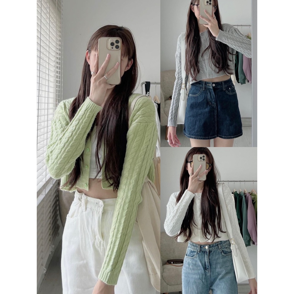 Áo len croptop cổ tròn cài cúc Hàn Quốc