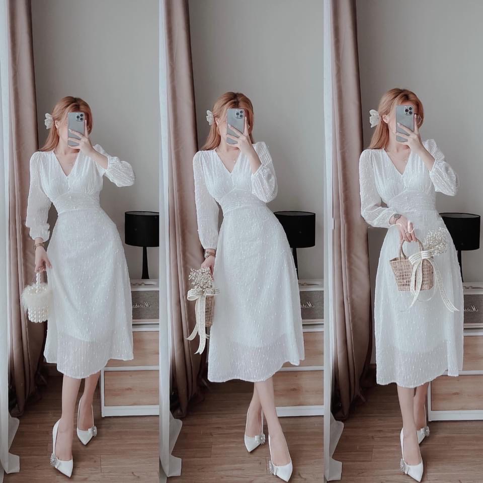 ▧Đầm nữ dự tiệc màu Trắng dạo phố vải kim sa cao cấp form chuẩn loại 1 Amy dress