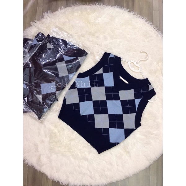 Áo Gile Len Nữ 🦋HOT TREND🦋 Áo Len Sát Nách Kẻ Ô Trám Xanh Phong Cách Vintage