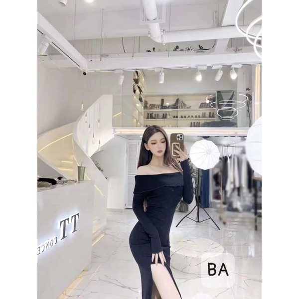 Đầm Len Trễ Vai Xẻ Cao tôn dáng Sang Xịn mịn