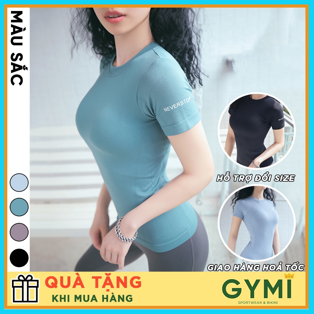 Áo tập gym yoga nữ GYMI AC08 dáng ngắn cộc tay thể thao chất dệt dày dặn co giãn thấm mồ hôi