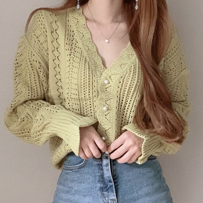 Áo Khoác Cardigan Len Ren Cúc Ngọc Vintage