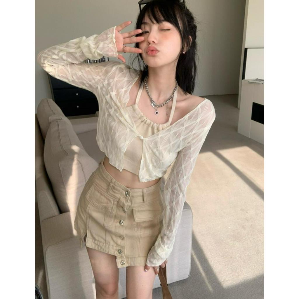 Bộ Áo Khoác Cardigan Dài Tay Phối Đầm Dây Giả Hai Lớp Thời Trang Sành Điệu 6371