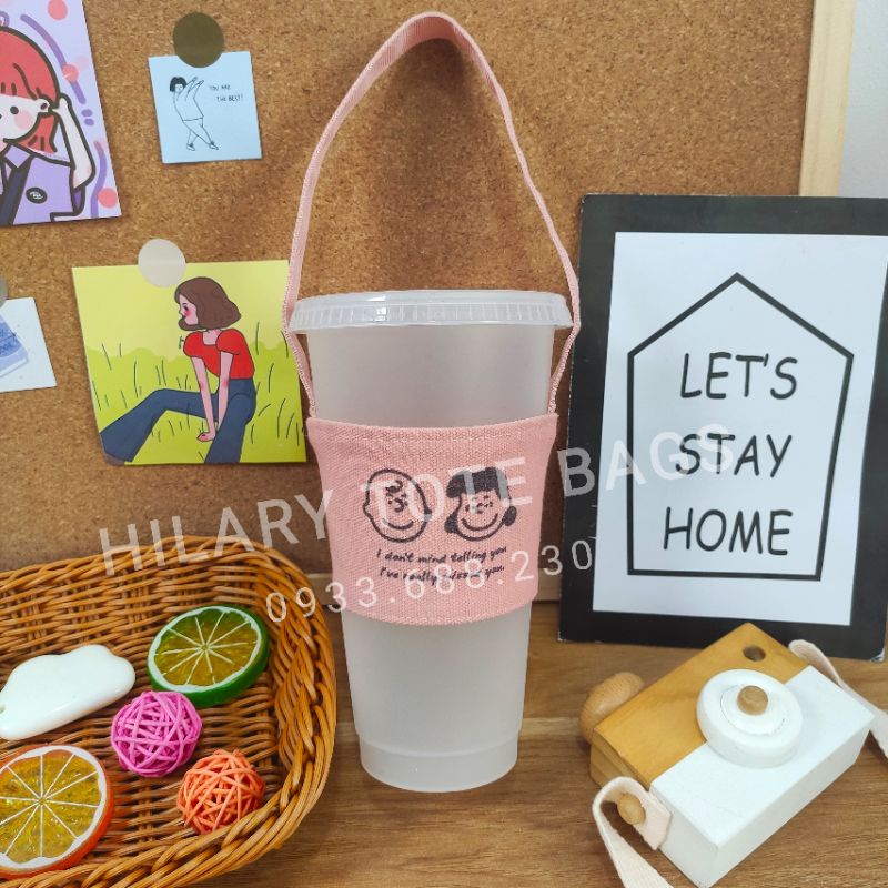 Túi Quai Xách Đựng Ly In Hình Hoạ Tiết Dây Đai Mỏng