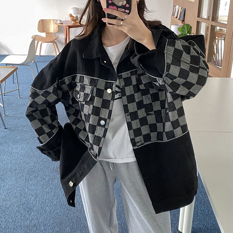 Áo khoác style Hàn bò denim tone đen phối vạt kẻ caro họa tiết bàn cờ có size ulzzang Hàn