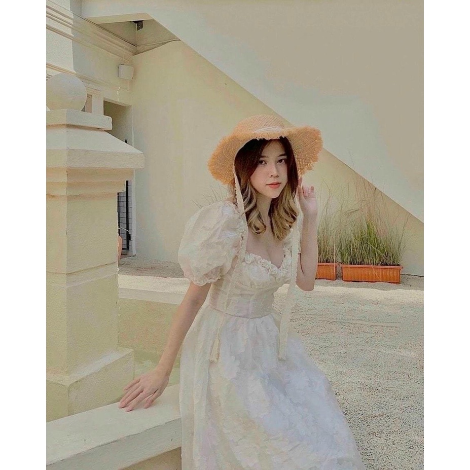 Đầm Trắng Cúp Ngực 💖DEMISS💖 Váy Cúp Ngực  Hoa Nổi Bèo Tay Phồng Dáng Dài Sang Chảnh - V-Trắng-58