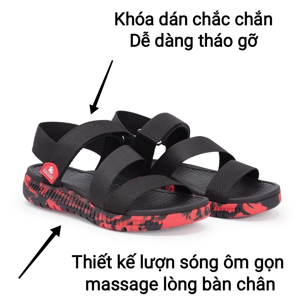 Dép quai ngang nam, giày sandal nữ đi học FACOTA chính hãng quai hậu màu đen đế đóm đỏ