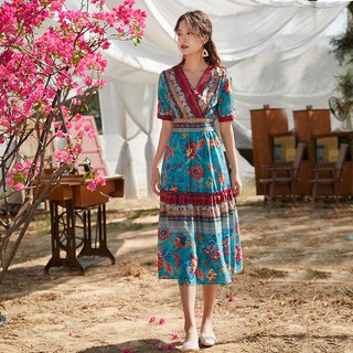 (CÓ SẴN) Váy boho ánh xanh cổ V