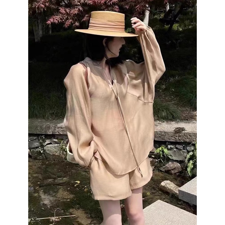 Set Áo Sơ Mi Tay Dài Và Quần Short Thời Trang Phong Cách Cho Nữ