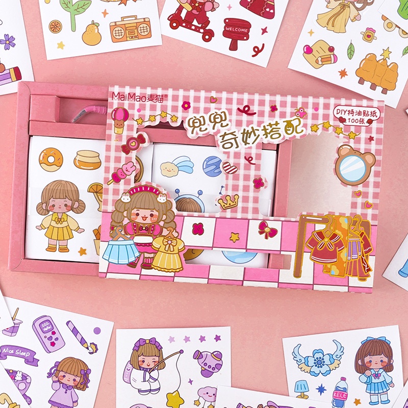 Hộp 100 Miếng Dán Hoạt Hình Kèm Xẻng Và Nhíp Nhỏ Trang Trí