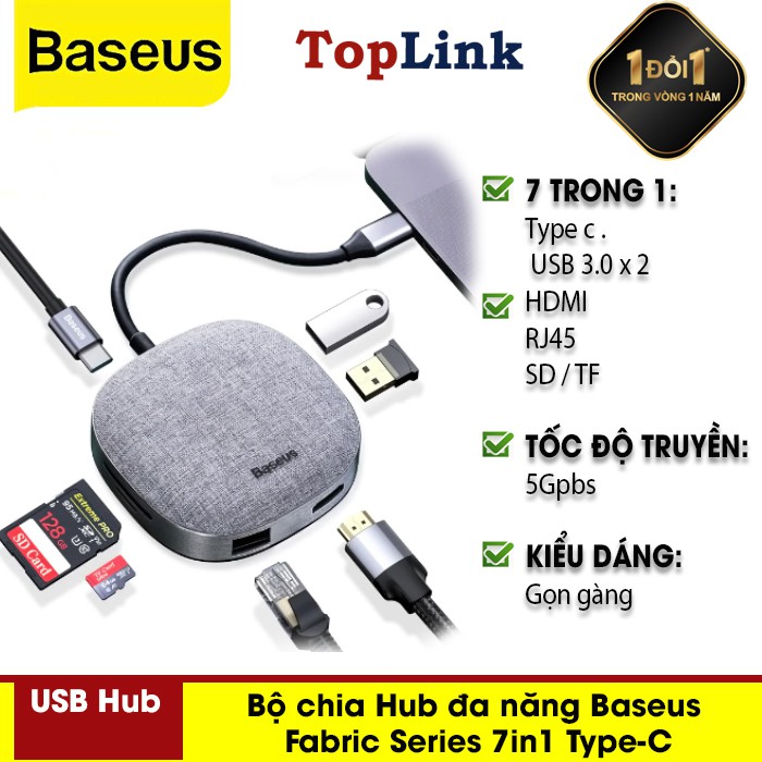 Bộ Chia Hub Đa Năng Baseus Fabric Series 7in1 Type-C Multifunctional HUB Adapter - Type-C - TopLink