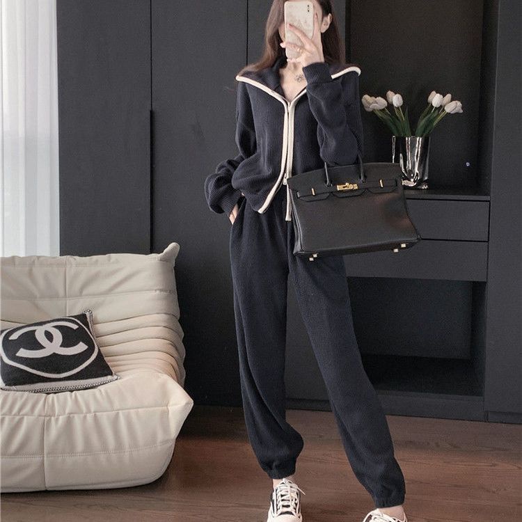 Leisure fashion sports suit women's spring, autumn and winter new design sense zipper cardigan jacket foot trousers two-piece set