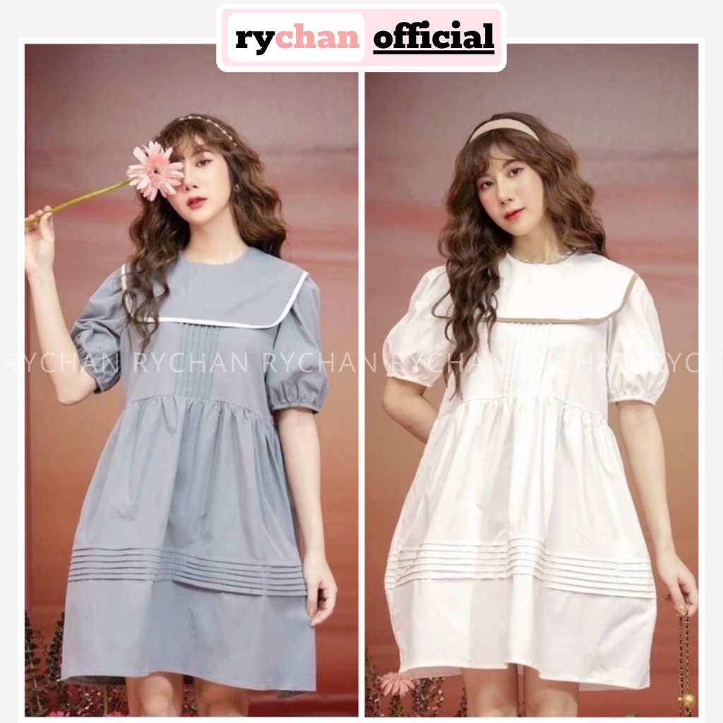 Đầm Xòe Babydoll Bèo Cổ Tay Phồng, Đầm Form Rộng Dễ Thương Cute 2 Màu Xám Trắng [Ảnh Thật Cuối] - DX9957