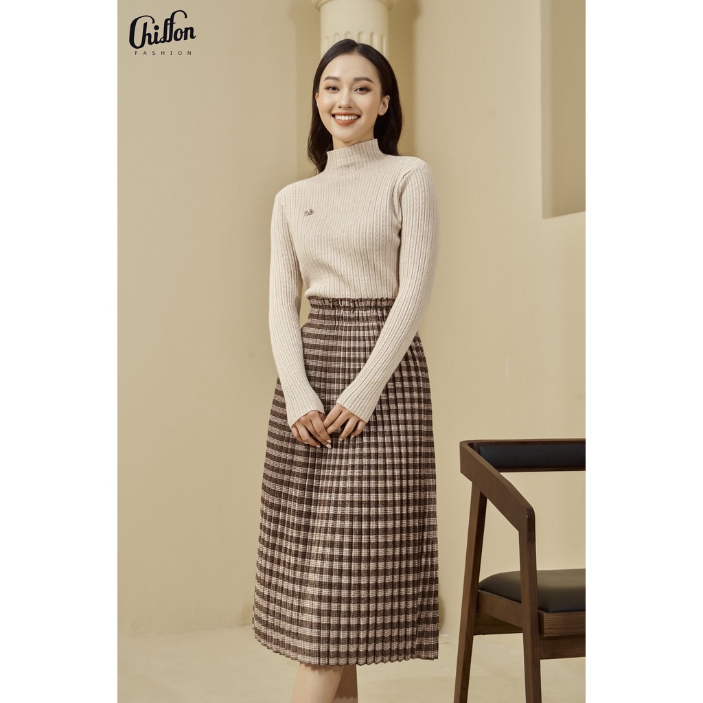 Chân váy dạ kẻ xếp ly dáng dài kem đai thiết kế by Chiffon (freesize) | BigBuy360 - bigbuy360.vn