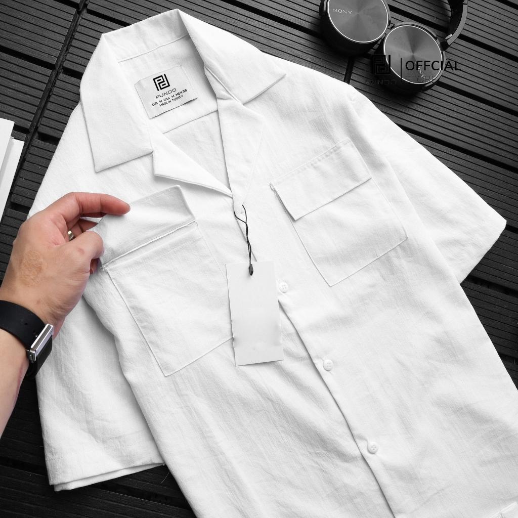 Áo sơ mi nam tay ngắn PUNDO cổ vest có túi chất cotton đũi cao cấp ASMPD49