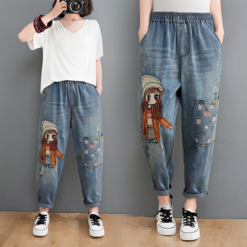 G37 Quần jean baggy big size freesize thoải mái rộng rãi phong cách họa tiết bé gái