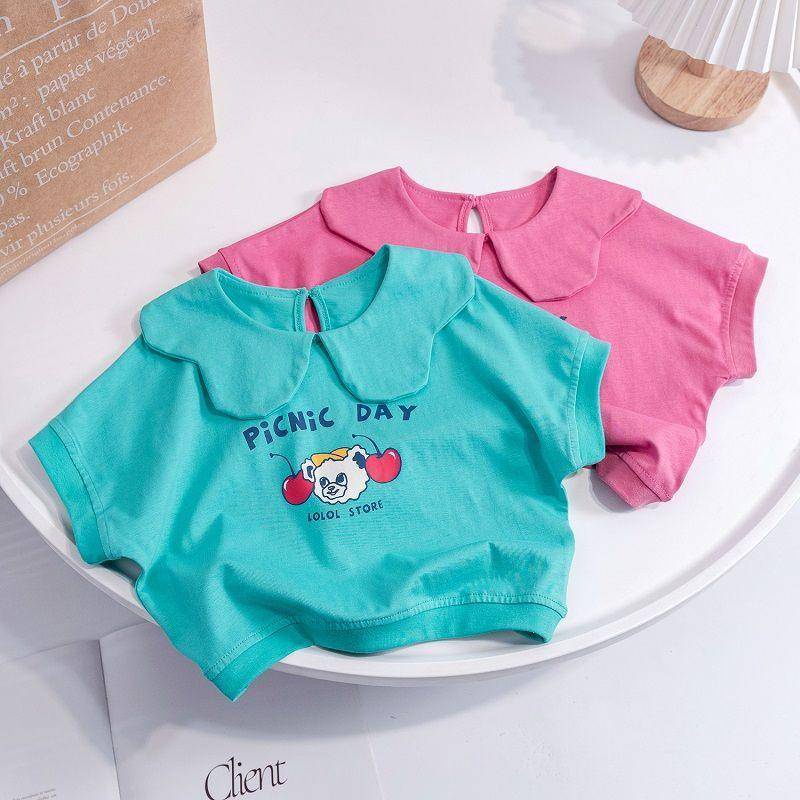French girl princess T-shirt summer cotton lapel boy's foreign style lotus leaf collar loose short-sleeved top