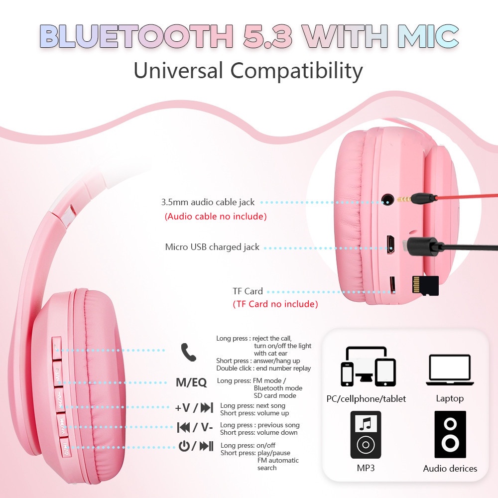 Tai Nghe Chụp Tai Bluetooth Không Dây Âm Thanh Nổi RGB Hình Tai Mèo Màu Gradient Có Mic Cho Bé Gái
