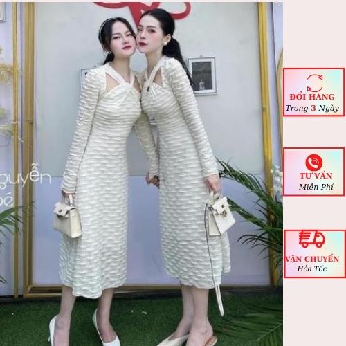 Váy nữ xốp nhăn xoắn ngực cổ yếm dáng dài suông maxi đi tiệc cưới sang chảnh ulzzang Hàn Quốc