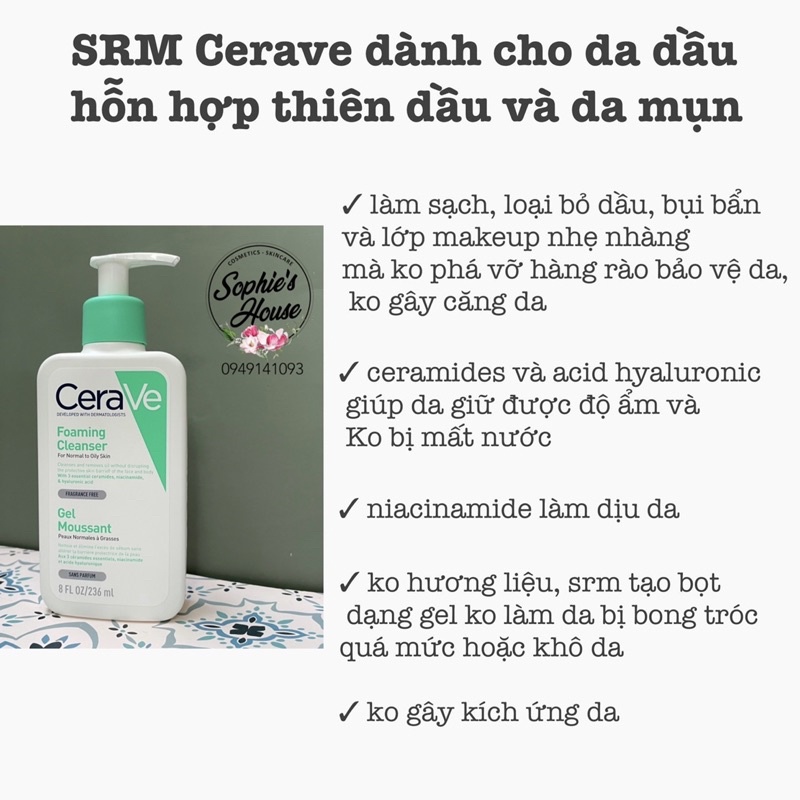 236ml / Bản Pháp - Sữa rửa mặt CERAVE Foaming Cleanser / Hydrating Cleanser / SA Smoothing Cleanser