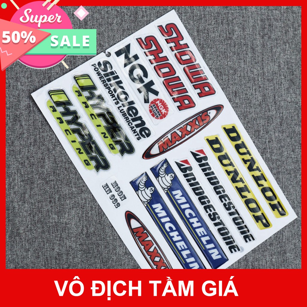 [GIÁ GỐC]  BỘ TEM DÁN XE MÁY NHIỀU LOGO BRIDGESTONE DUNLOP MICHELIN SHOWA .... TRANG TRÍ XE CỰC ĐẸP