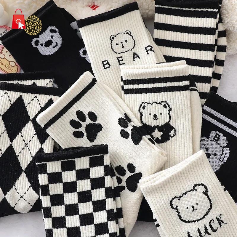 Vớ cotton Kẻ Sọc Trắng Đen Hình Gấu JP1