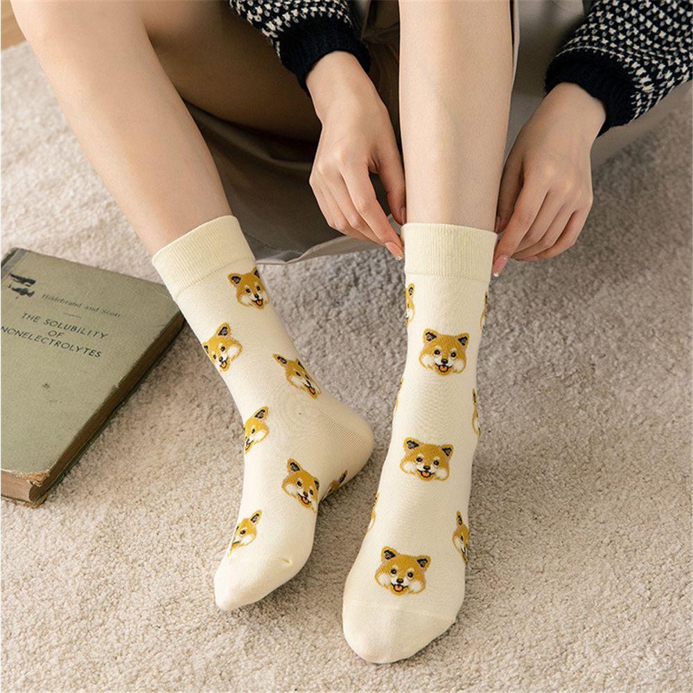 Đôi Vớ Cổ Trung In Hình Chú Chó Hoạt Hình Sáng Tạo Phong Cách Nhật Bản