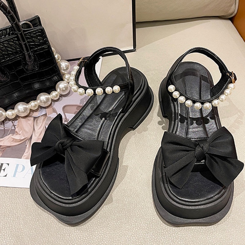 Giày xăng đan IELGY thắt nơ đính ngọc trai nhân tạo thời trang dành cho nữ