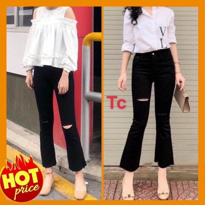 Quần jeans nữ loe rách gối