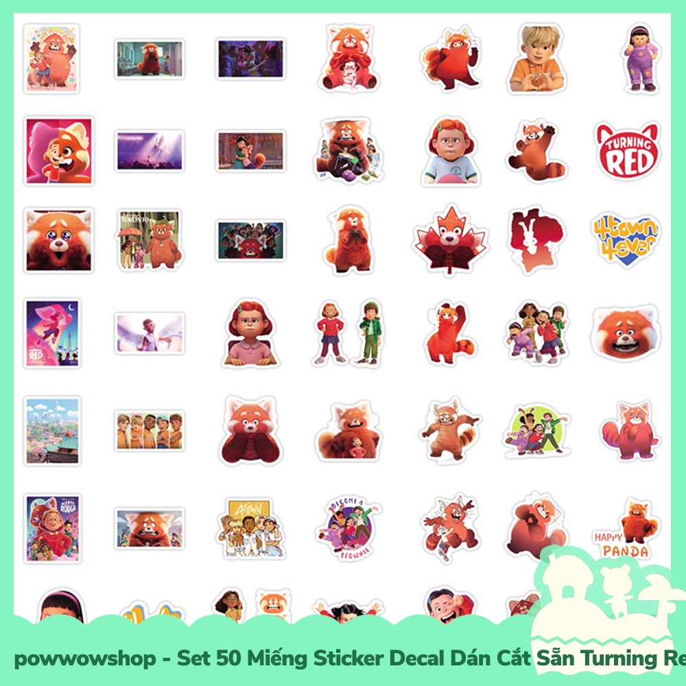 Set 50 Miếng Sticker Decal Cắt Sẵn DIY Dán Trang Trí Vật Dụng Mẫu Gấu Đỏ Red Bear Turning Red Large