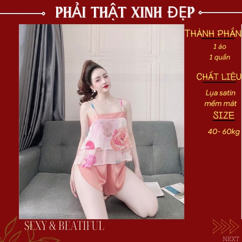 Đồ Ngủ Sexy Nữ 💖 VOAN MÁT 💖   Bộ Đùi Cột Dây Sau Quần Satin Phối Voan [ size 40<65kg] - Sun Shop | BigBuy360 - bigbuy360.vn